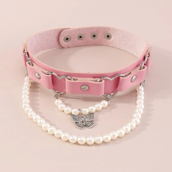 🦋 Lovely Pastel PU Leather Faux Pearl Tassel Tiered Butterfly Hearts Choker 💕 - Picture 2 of 5